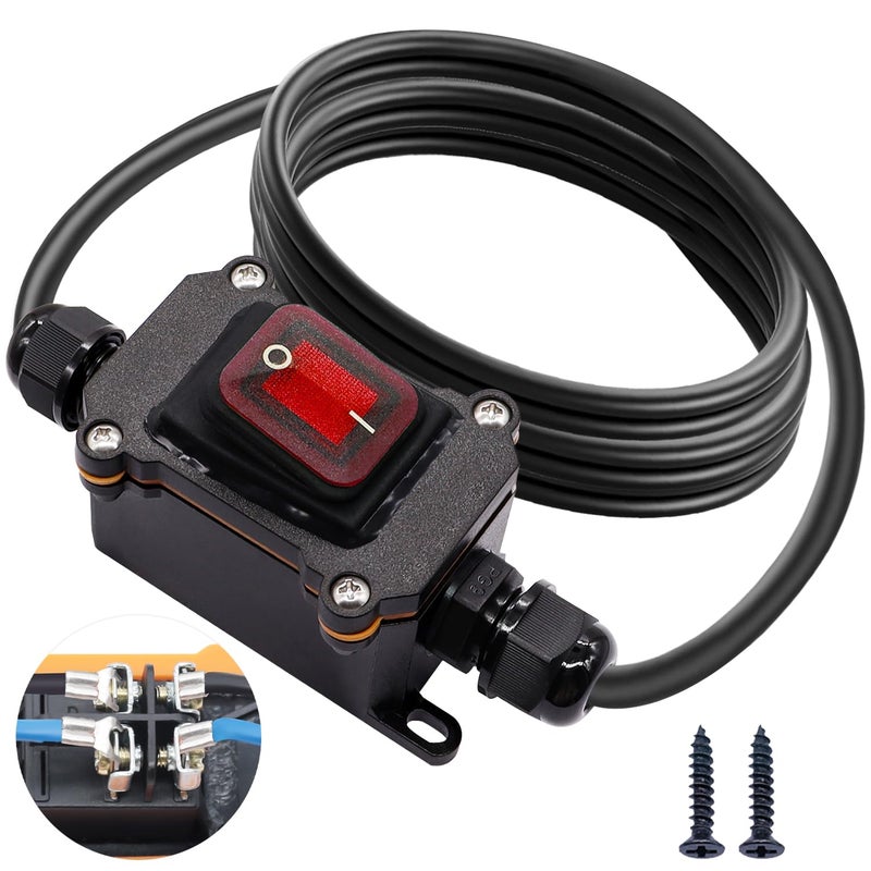Bemaka IP67 Waterproof Inline Switch 12V DC 20A 4Pin 2 Position On/Off Toggle Switch with 14 AWG Wire Outdoor Inline Cord Switch with Red LED Rocker Button - Image 1